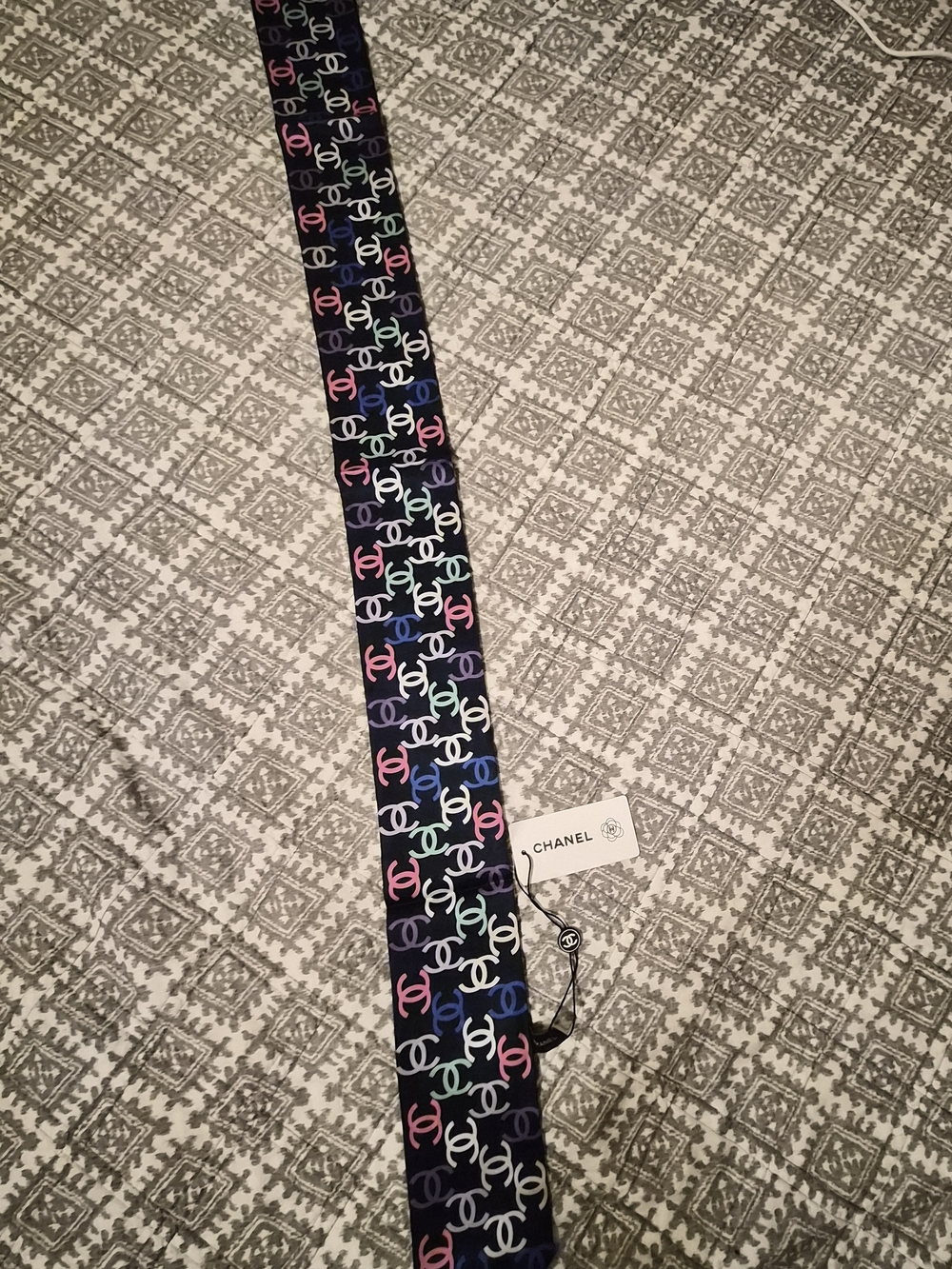 Chanel Black Multicolor Silk Scarf CC Logo